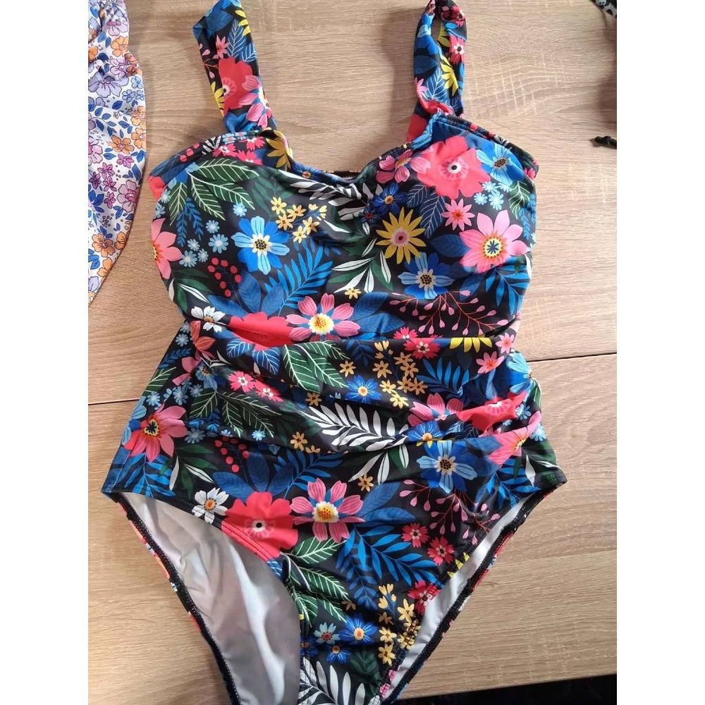 Floral Ruched One Piece Swimsuit Womens Large Tropical Botanical Print Swimwear